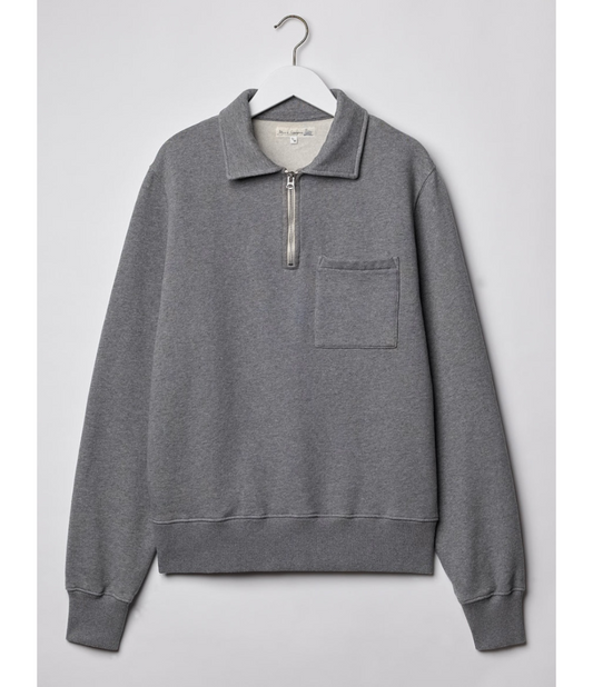 Gray sweatshirt with a quarter zip and pocket on a white background