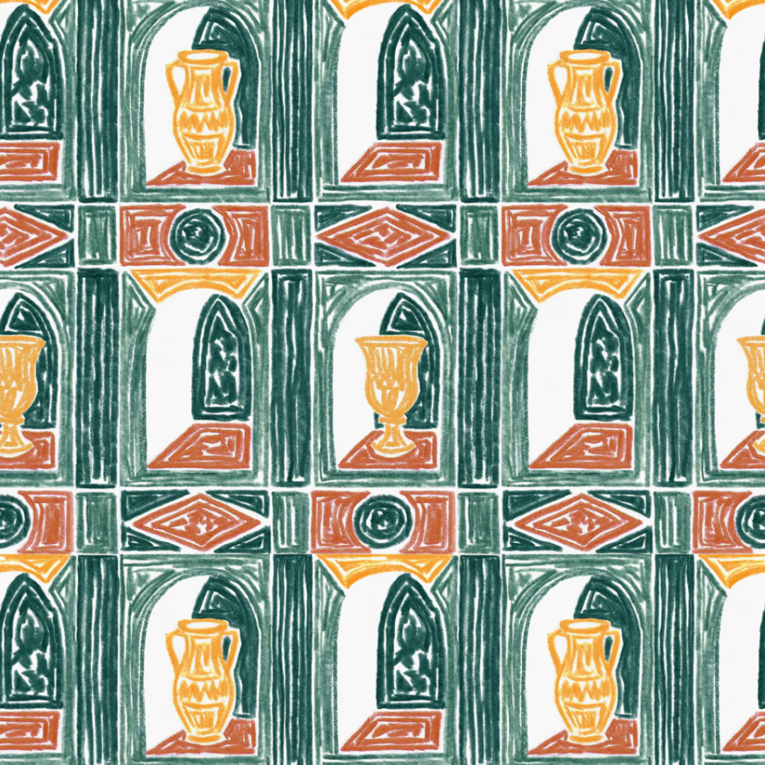 Pattern of decorative urns and arches in green, orange, and red on a white background.
