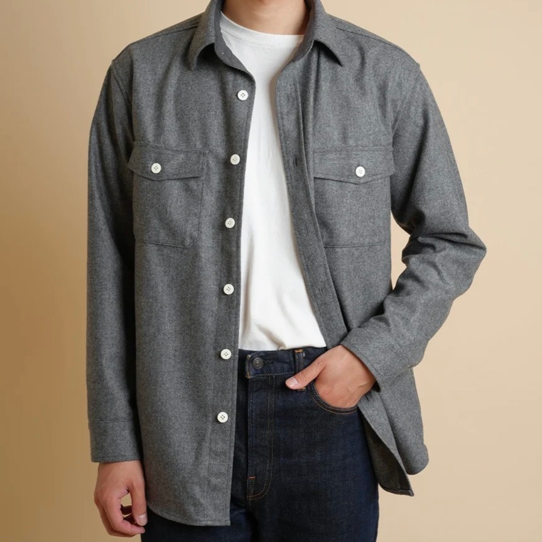 Kamakura wool flannel CPO over shirt in grey, showing the button-up front, chest pockets, and soft flannel fabric.