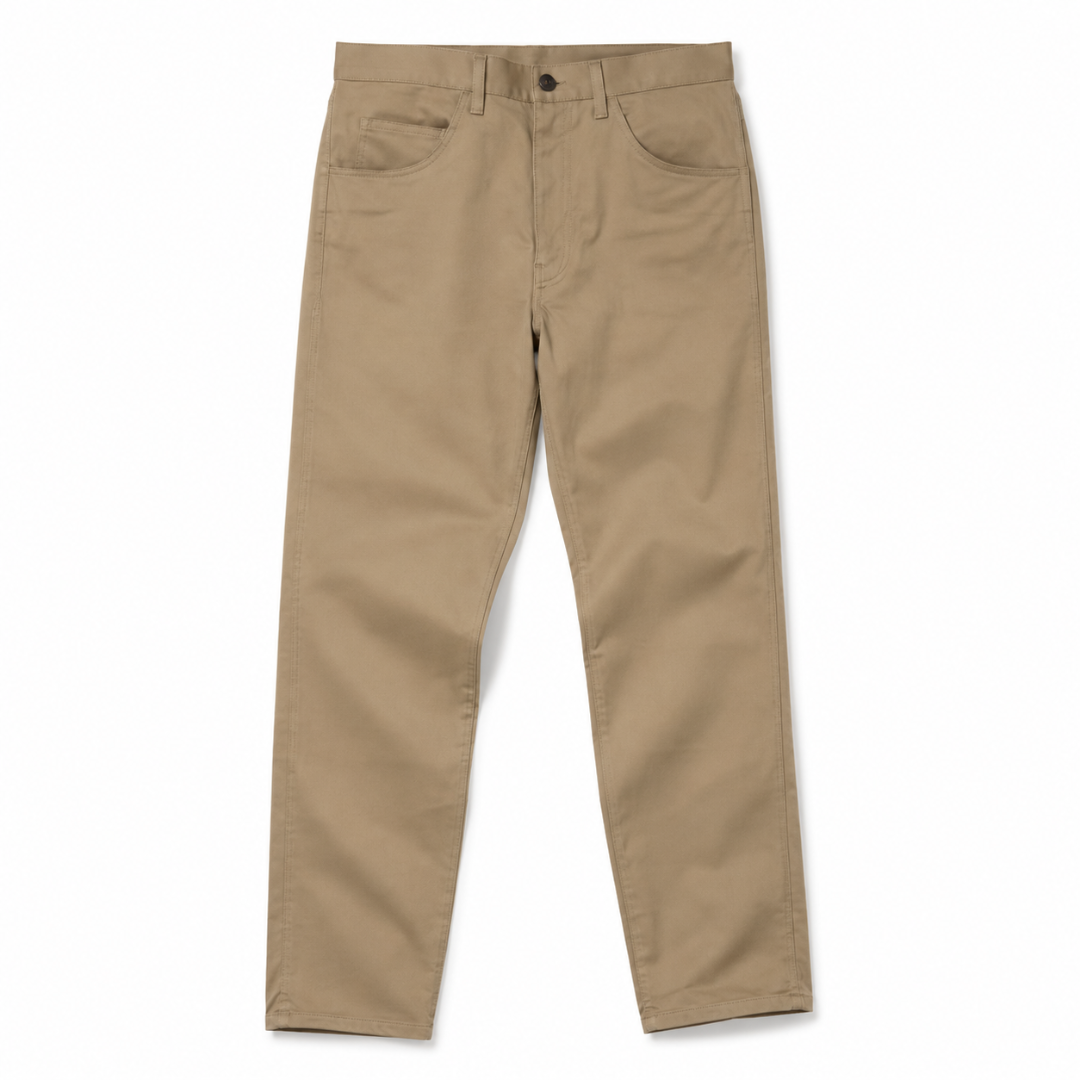 A pair of khaki-colored slim-fit pants shown flat against a plain white background.