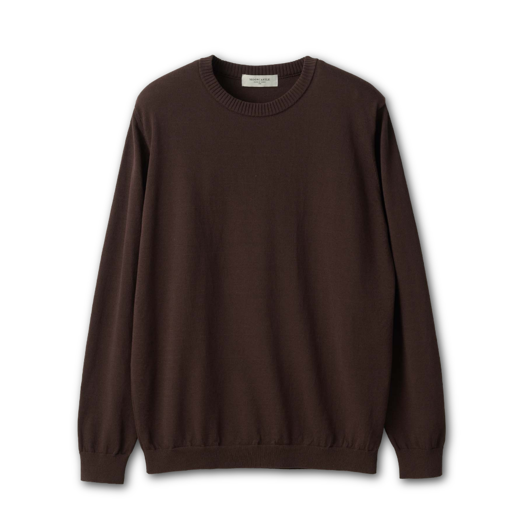 Mooncastle brown ice cotton crew neck long sleeve T-shirt displayed on a hanger, showcasing its soft fabric and casual style.