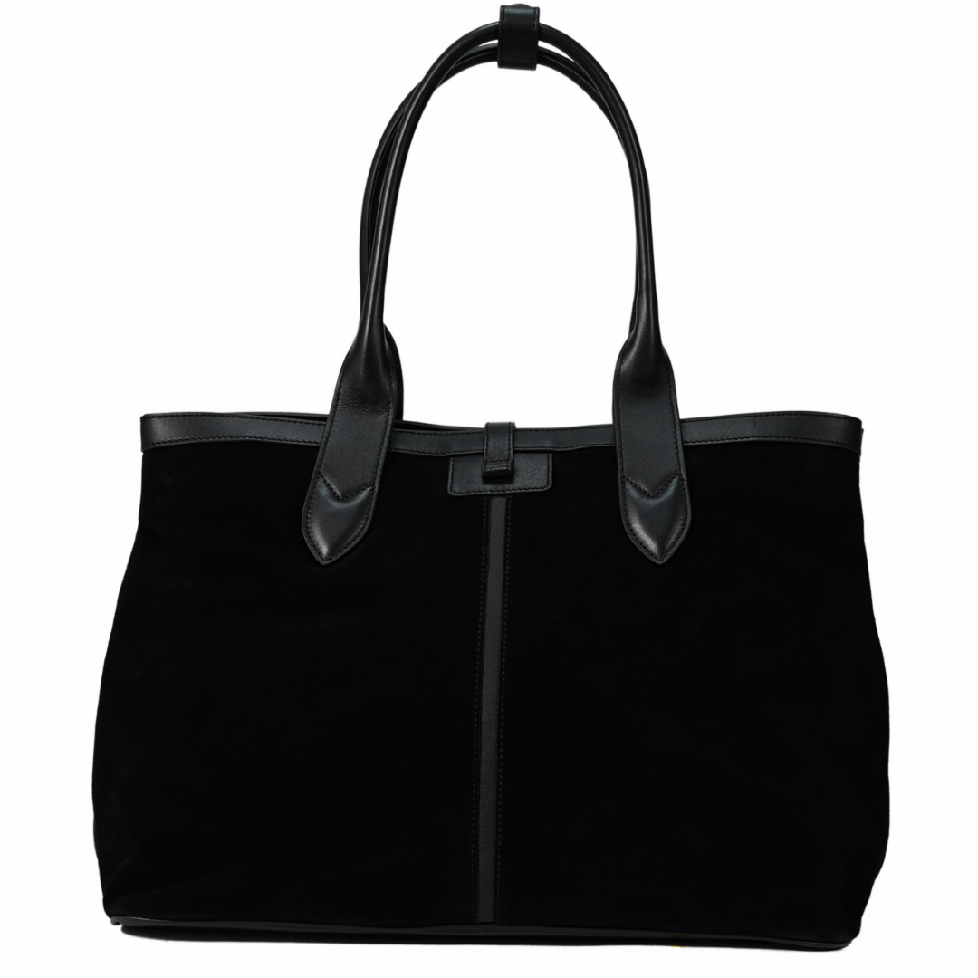 Black suede Adam’s Peach 050 Tote bag with sleek design and spacious interior, showcasing the stylish accessory.