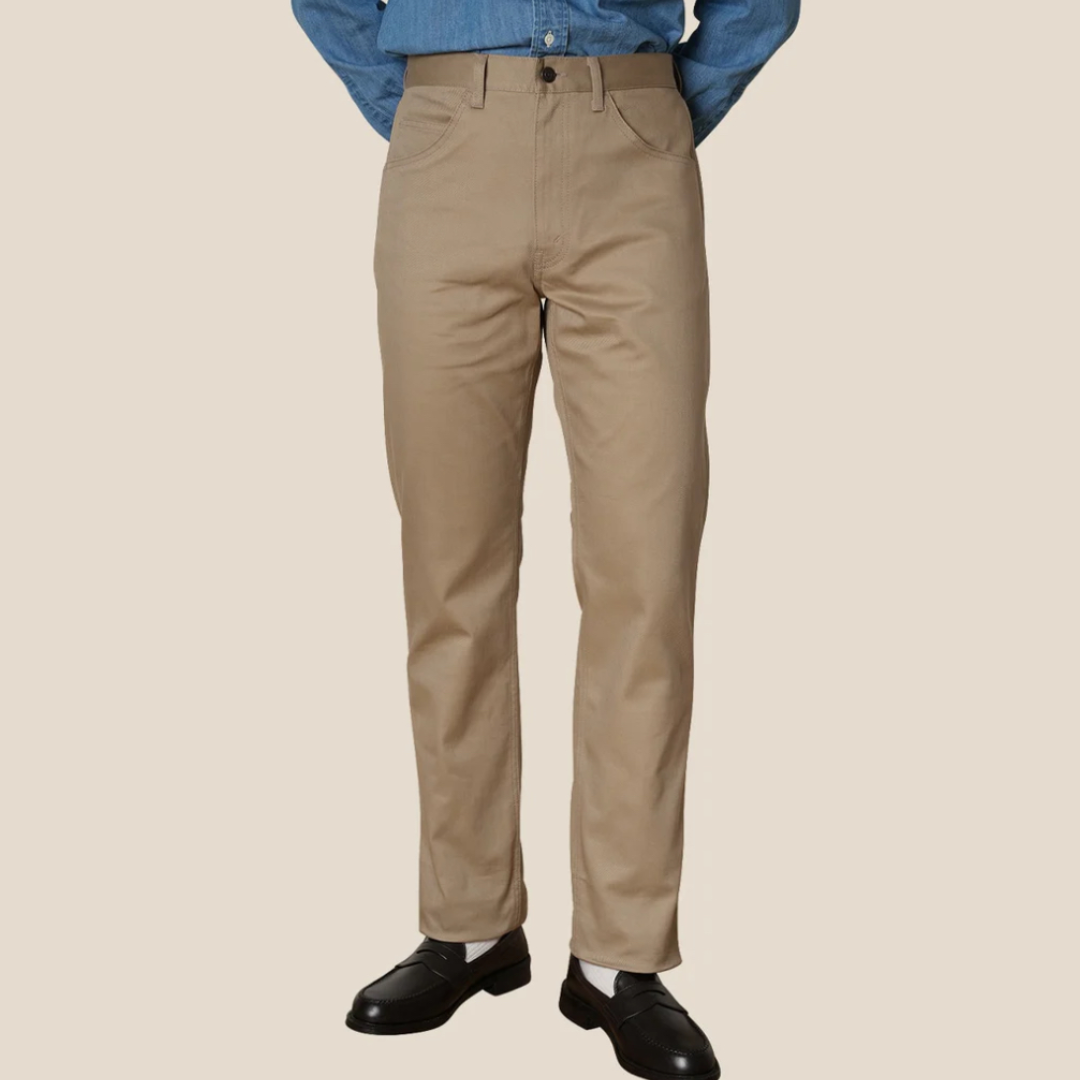 Kamakura Taupe Denim 5 Pocket Pants with classic five-pocket design and straight-leg fit, shown on a neutral background.