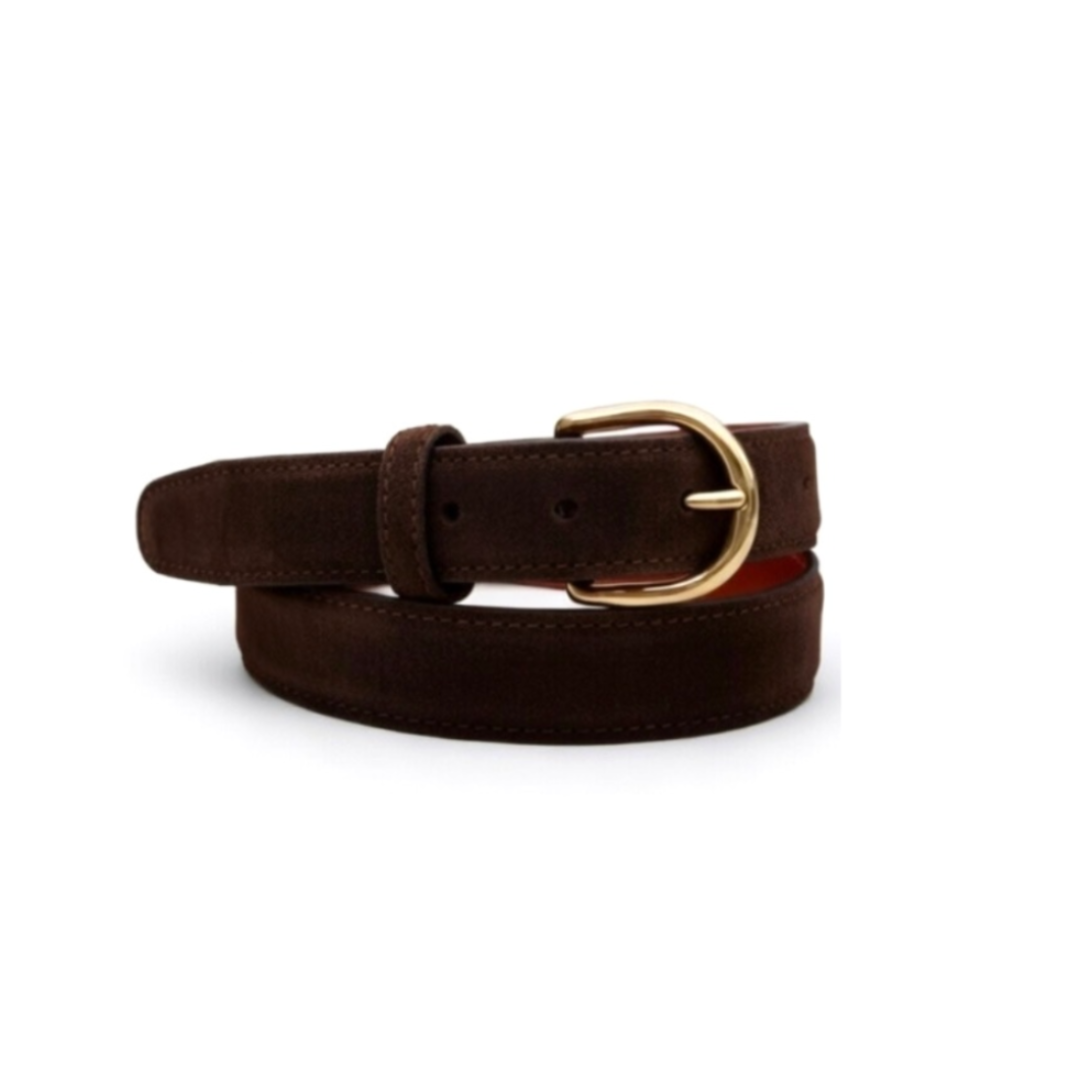 Dark brown suede Berwick belt with a sleek buckle, displayed on a neutral background, showcasing high-quality craftsmanship.