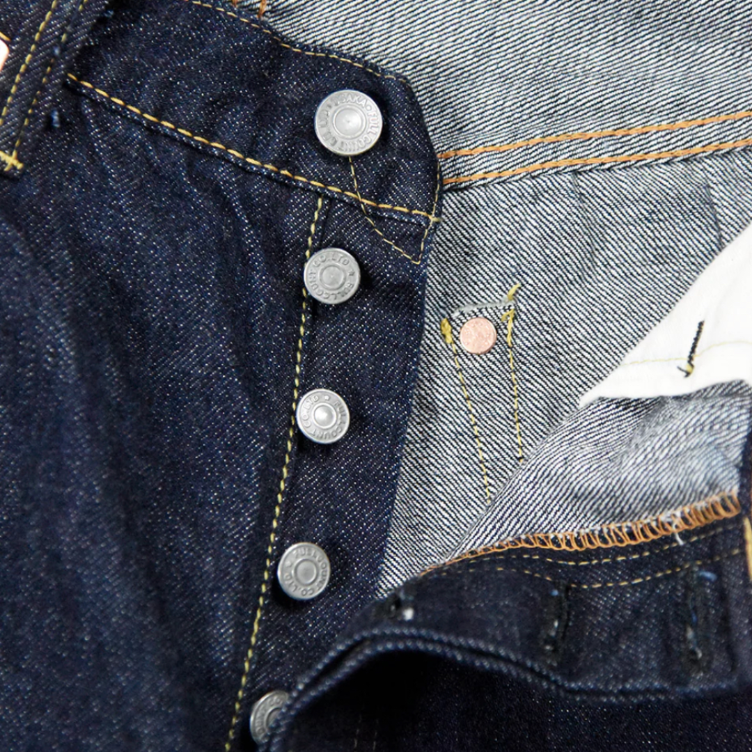 Close-up of a denim jacket with buttons and stitching details