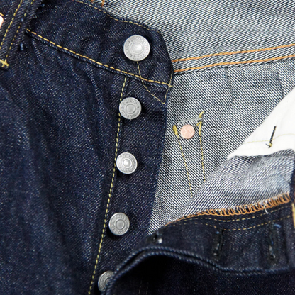 Close-up of a denim jacket with buttons and stitching details