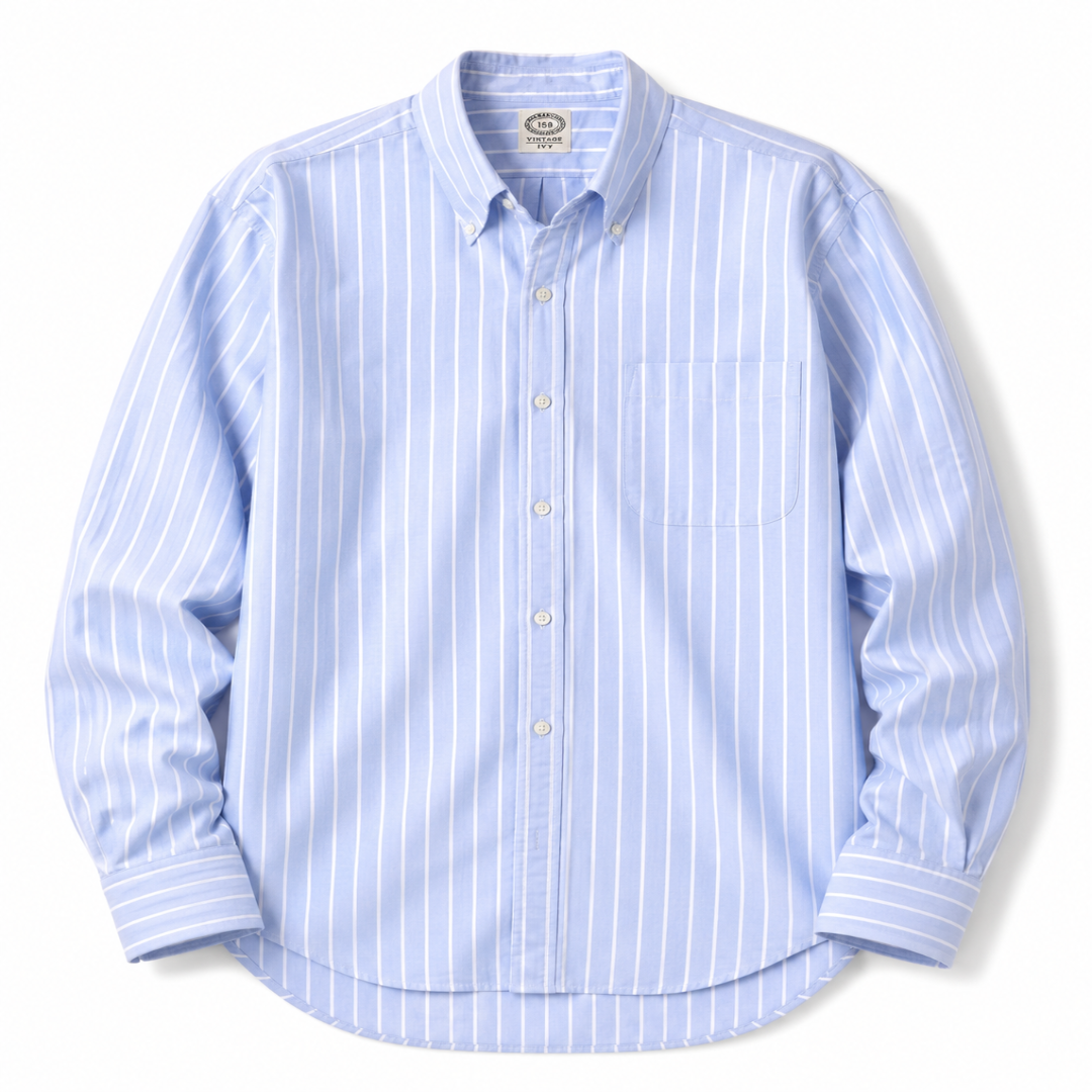 A light blue and white vertically striped long-sleeve button-down shirt with a single chest pocket, laid flat against a white background.