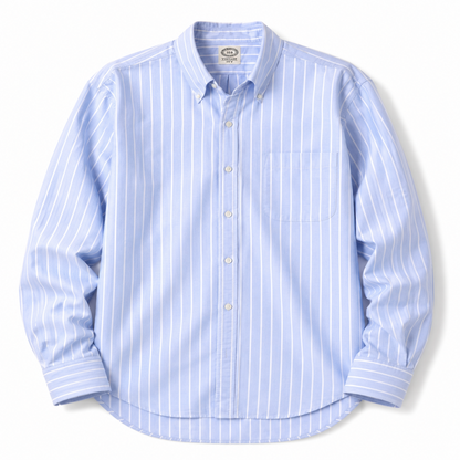A light blue and white vertically striped long-sleeve button-down shirt with a single chest pocket, laid flat against a white background.