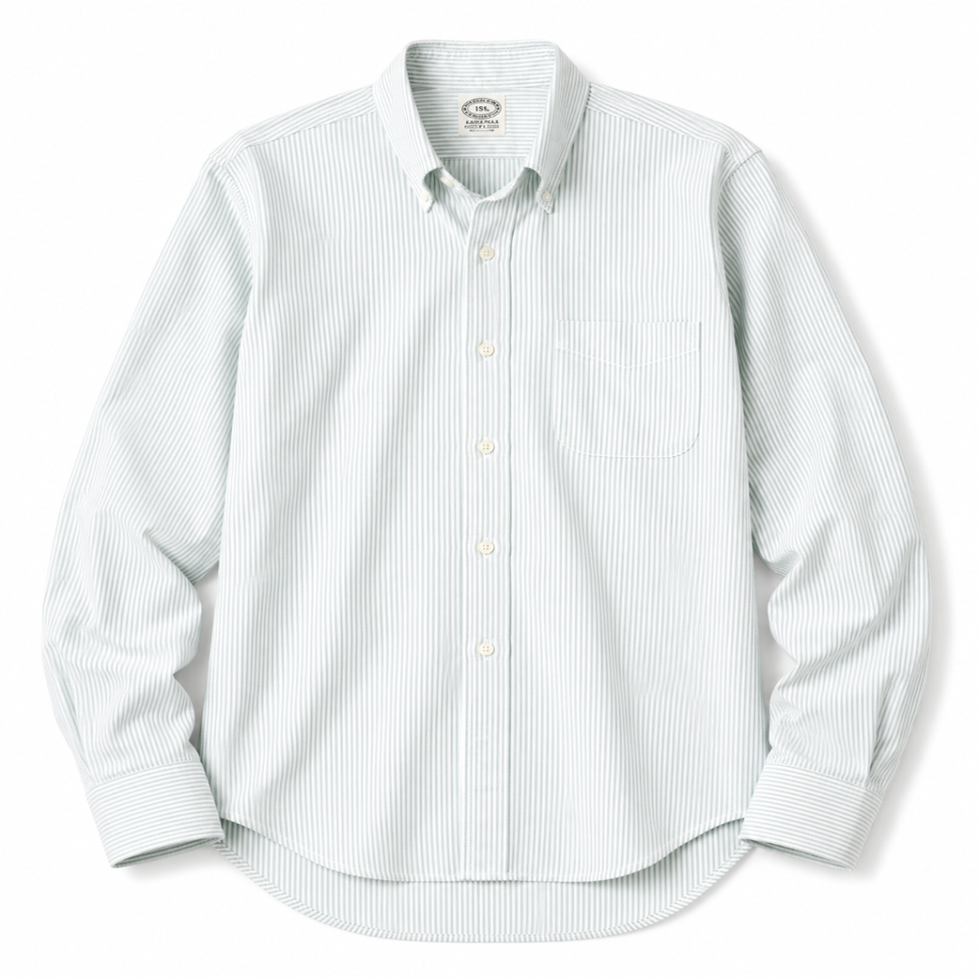 A long-sleeve button-down shirt with a fine vertical stripe pattern in white and a very light sage green, featuring a single chest pocket and a pointed collar.