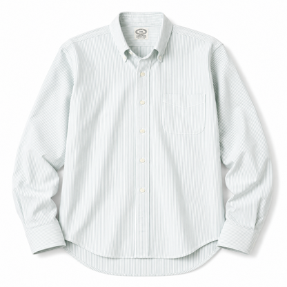 A long-sleeve button-down shirt with a fine vertical stripe pattern in white and a very light sage green, featuring a single chest pocket and a pointed collar.