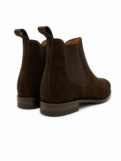 Dark brown suede Berwick Goodyear boots, showcasing classic shoe design with sturdy soles and detailed stitching.