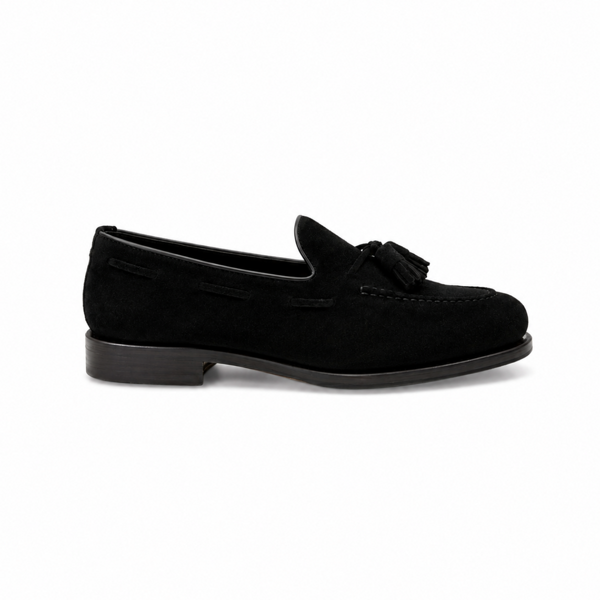 Navy blue loafer shoe on a light gray background