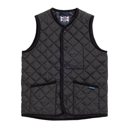 Black quilted vest with a patterned interior on a white background