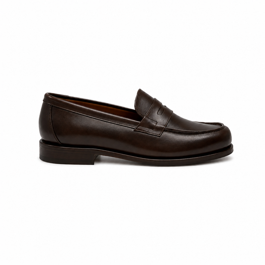 Brown loafer shoe with a gold buckle on a white background