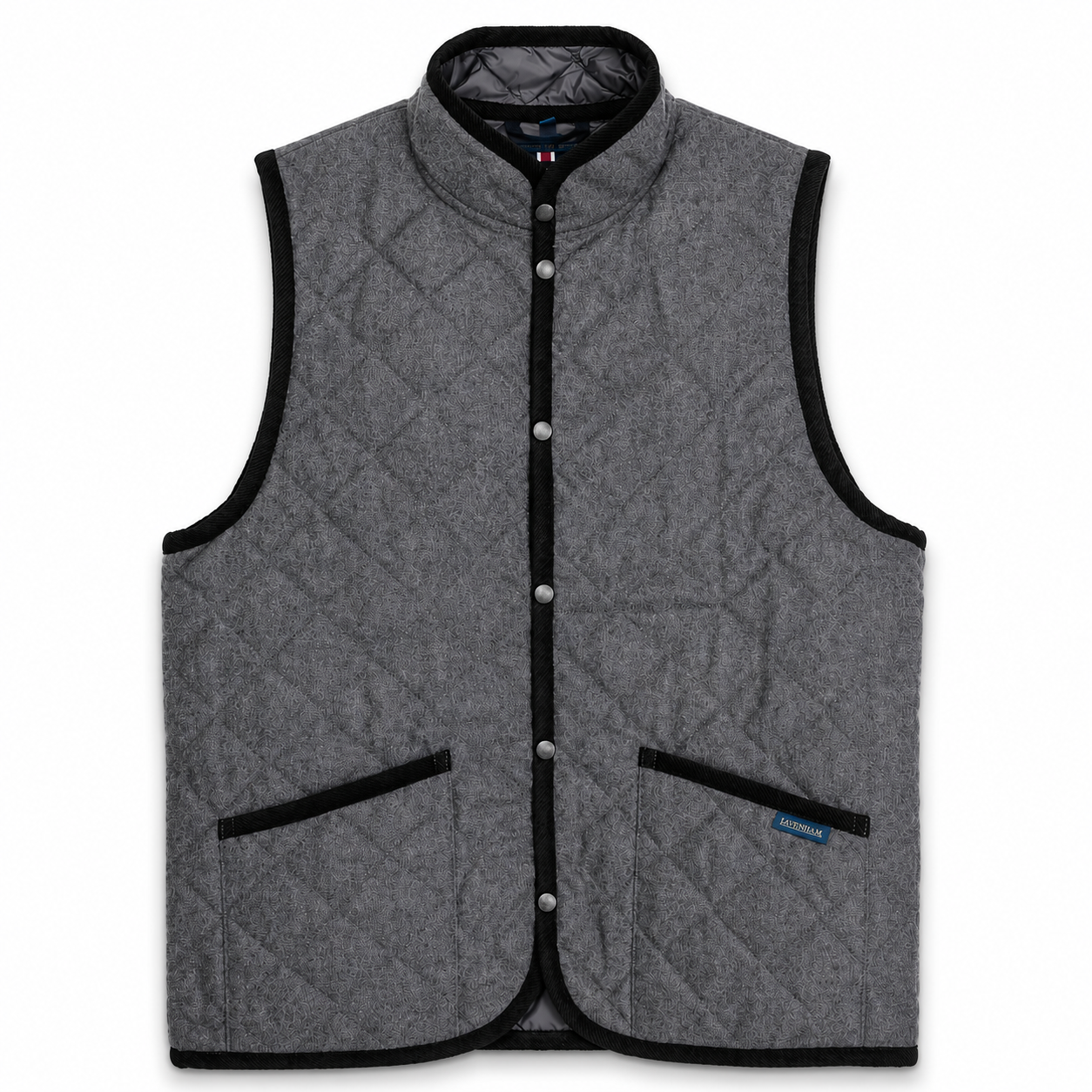 A gray quilted wool vest with black trim, featuring a stand-up collar, snap-button front, and two front patch pockets, shown against a plain white background.