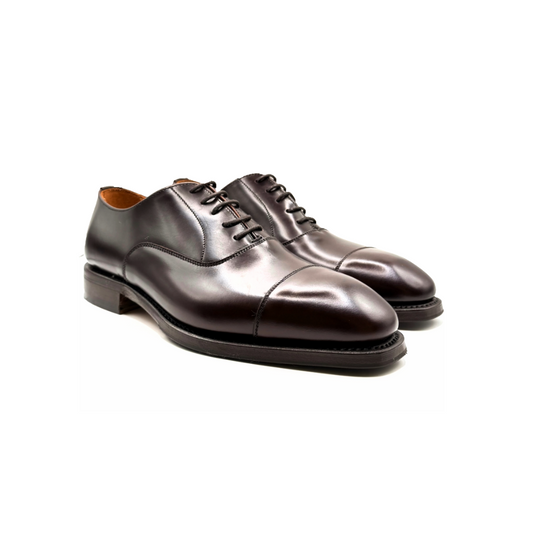 Pair of brown leather dress shoes on a white background