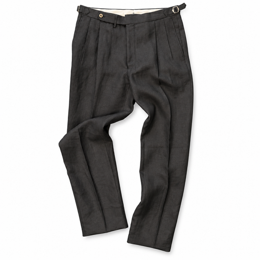 Double Pleat Linen Trouser by Echizenya - Black