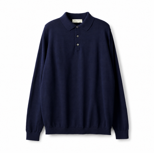 Mooncastle - Ice Cotton Polo Neck, Long Sleeve - Navy