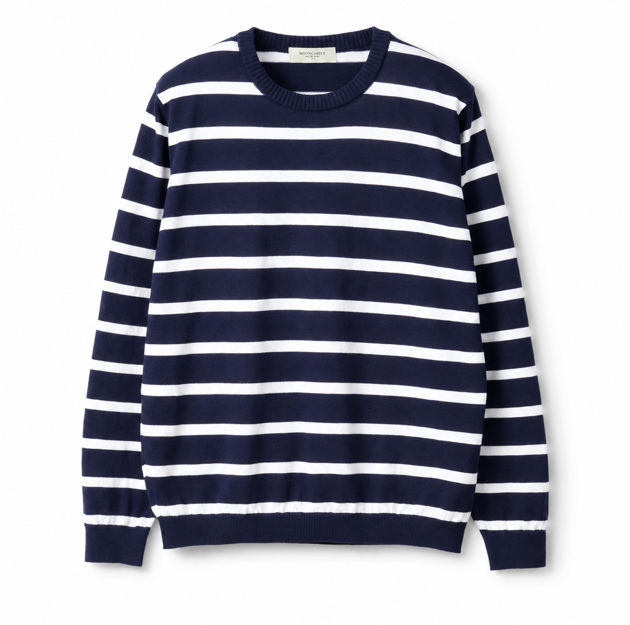 Mooncastle - Ice Cotton Crew Neck, Long Sleeve - Navy Stripe