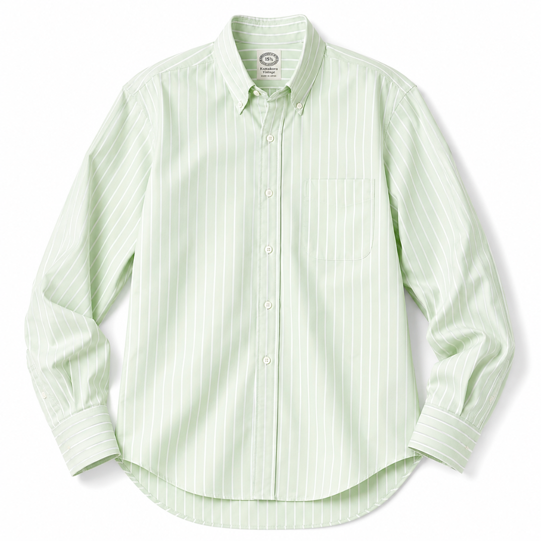 Kamakura Vintage IVY reverse stripe green shirt with classic collar and button-down front, casual and stylish men's shirt.