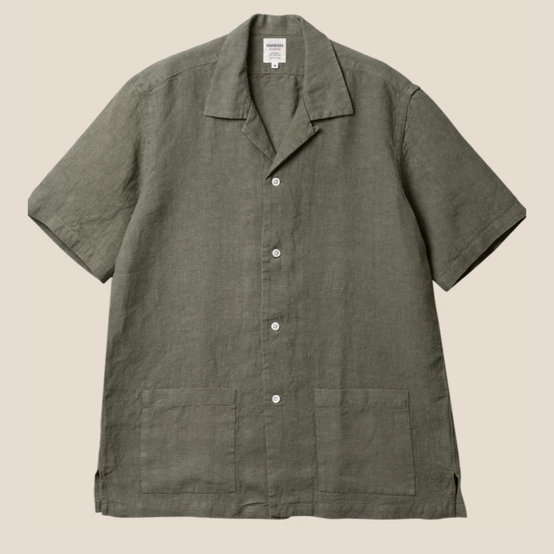 Kamakura Shonan Beach Shirt - Olive Extra Heavy Linen
