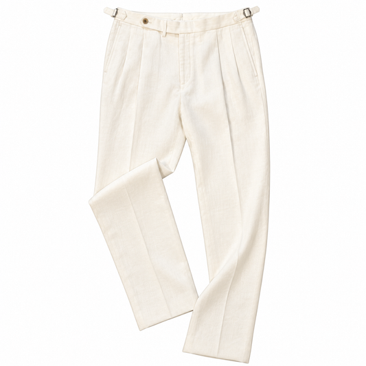 Double Pleat Linen Trouser by Echizenya - Off White