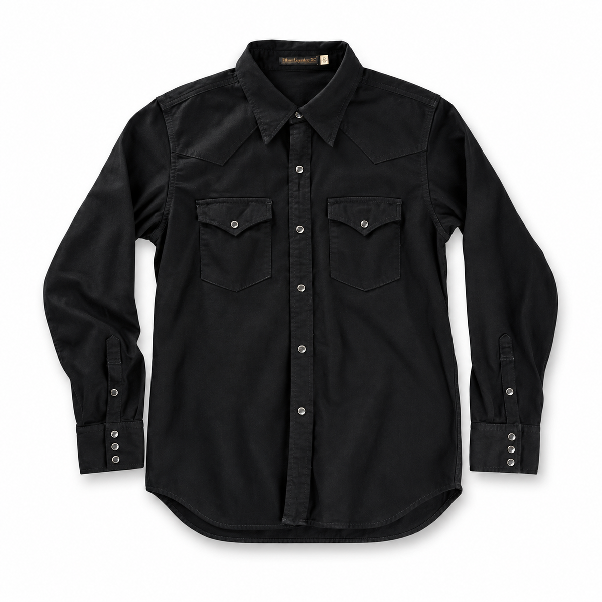 A black long-sleeve western-style button-up shirt with two chest flap pockets and silver-toned snap buttons, displayed flat against a white background.