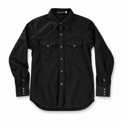 A black long-sleeve western-style button-up shirt with two chest flap pockets and silver-toned snap buttons, displayed flat against a white background.