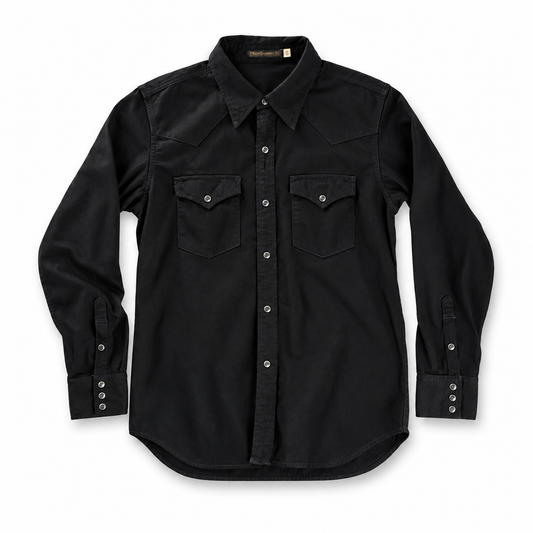 A black long-sleeve western-style button-up shirt with two chest flap pockets and silver-toned snap buttons, displayed flat against a white background.