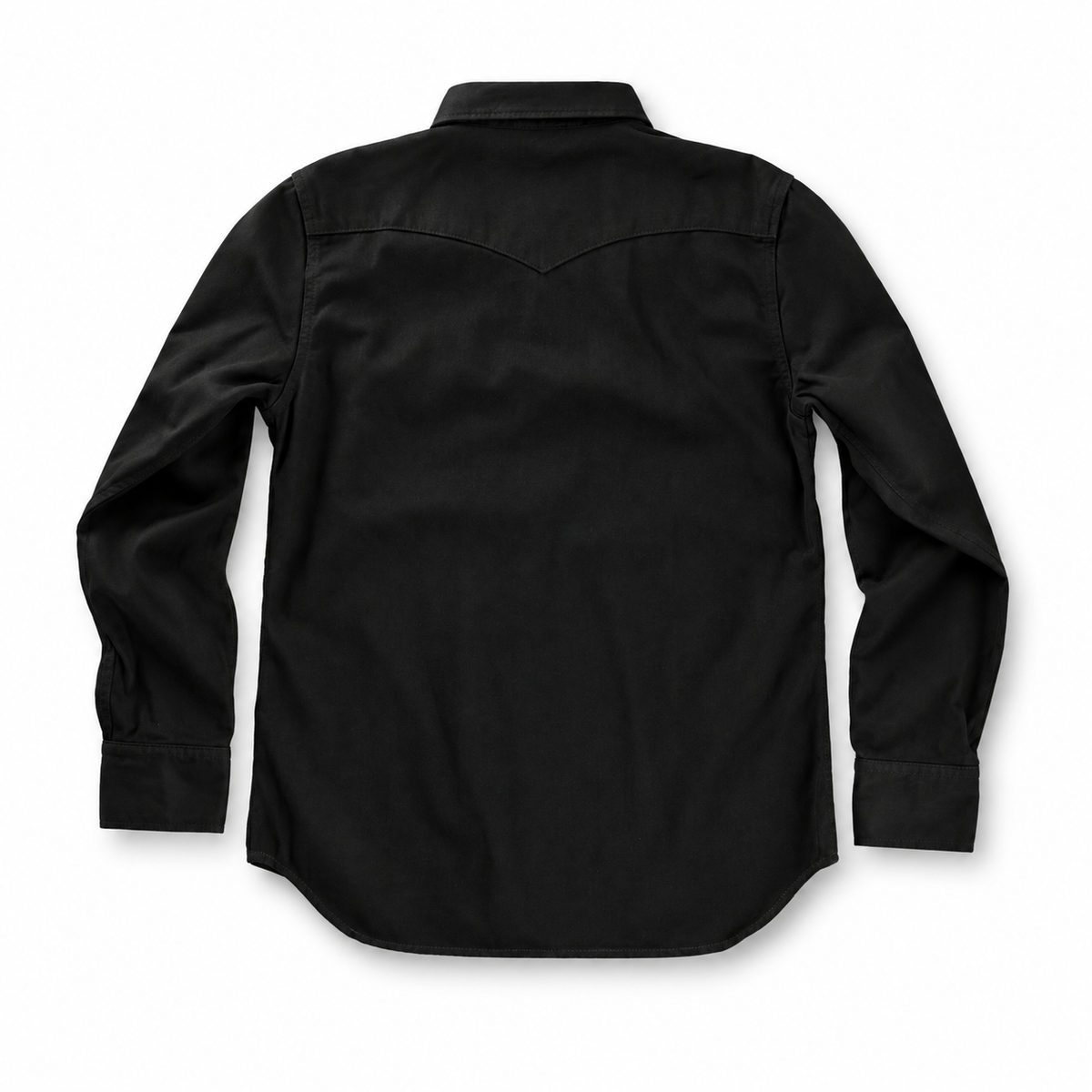 A black long-sleeve western-style shirt shown from the back, laid flat against a white background.