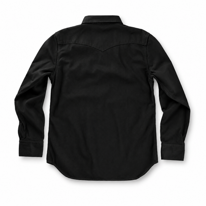 A black long-sleeve western-style shirt shown from the back, laid flat against a white background.