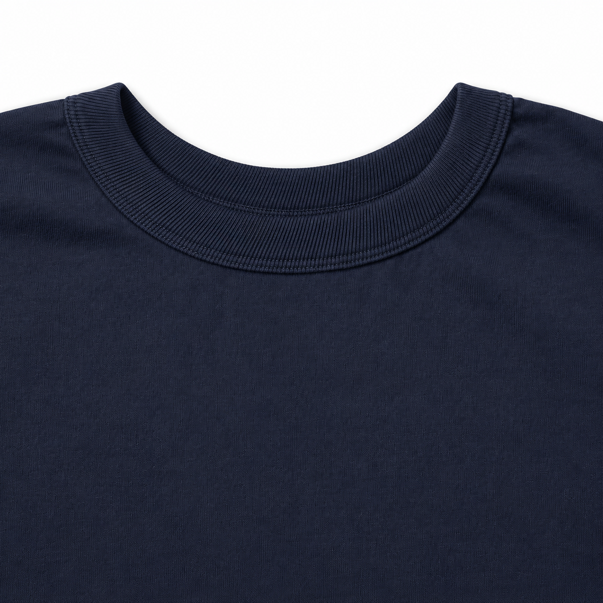 Close-up of a dark navy blue crewneck t-shirt showing the ribbed collar against a plain white background.