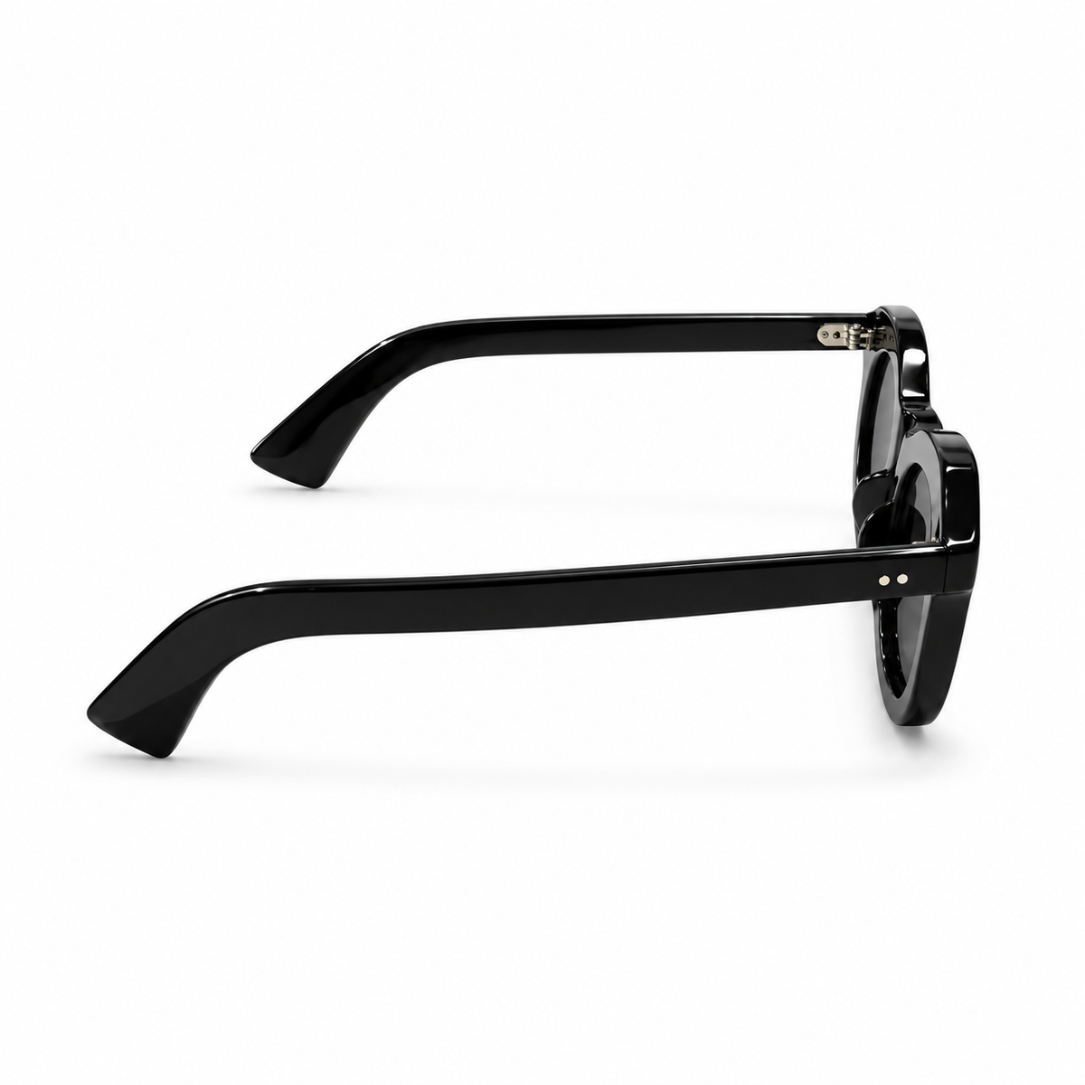 Black acetate round-frame sunglasses shown from a side profile view on a clean white background.