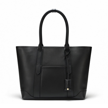 Black leather Adam’s Peach 055 Tote bag with sleek design, showing its spacious interior and sturdy handles.