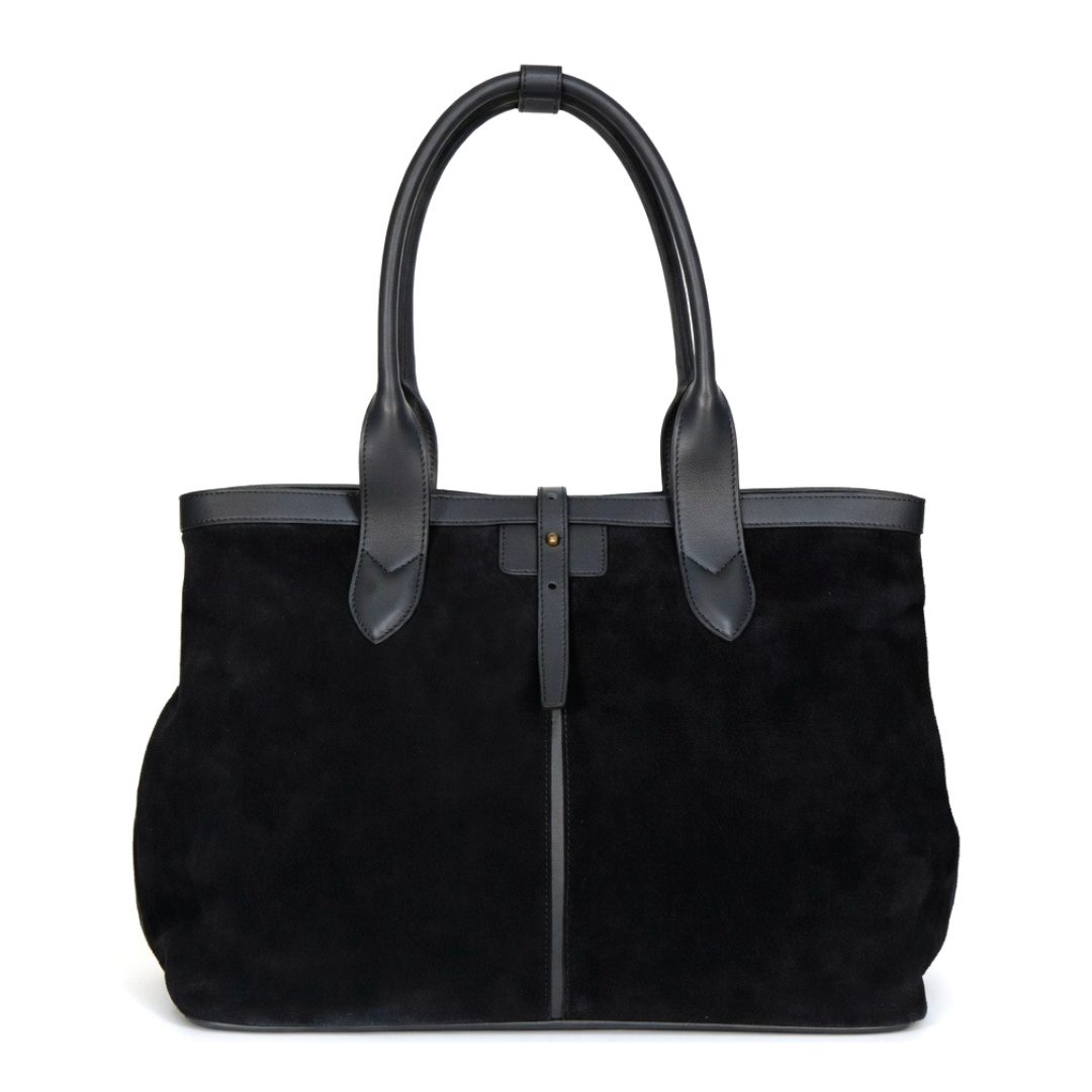 Black suede Adam’s Peach 050 tote bag, stylish accessory with sleek design and spacious interior.