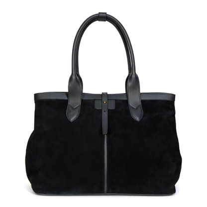 Black suede Adam’s Peach 050 tote bag, stylish accessory with sleek design and spacious interior.