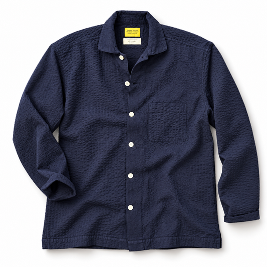Navy seersucker over shirt by Original Madras Trading Co, lightweight casual shirt with a textured striped pattern.