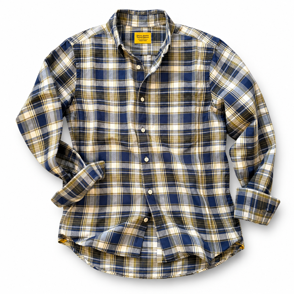 navy and on live check shirt