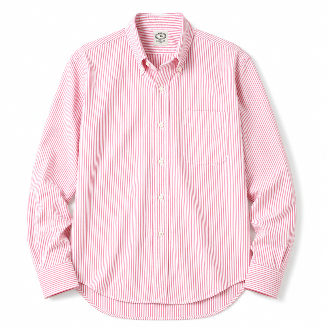 A pink and white vertically striped long-sleeve button-down shirt with a single chest pocket, laid flat against a white background.