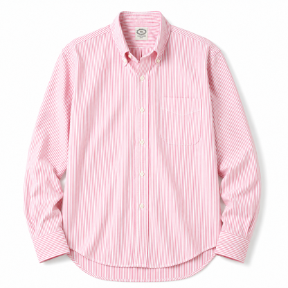 A pink and white vertically striped long-sleeve button-down shirt with a single chest pocket, laid flat against a white background.
