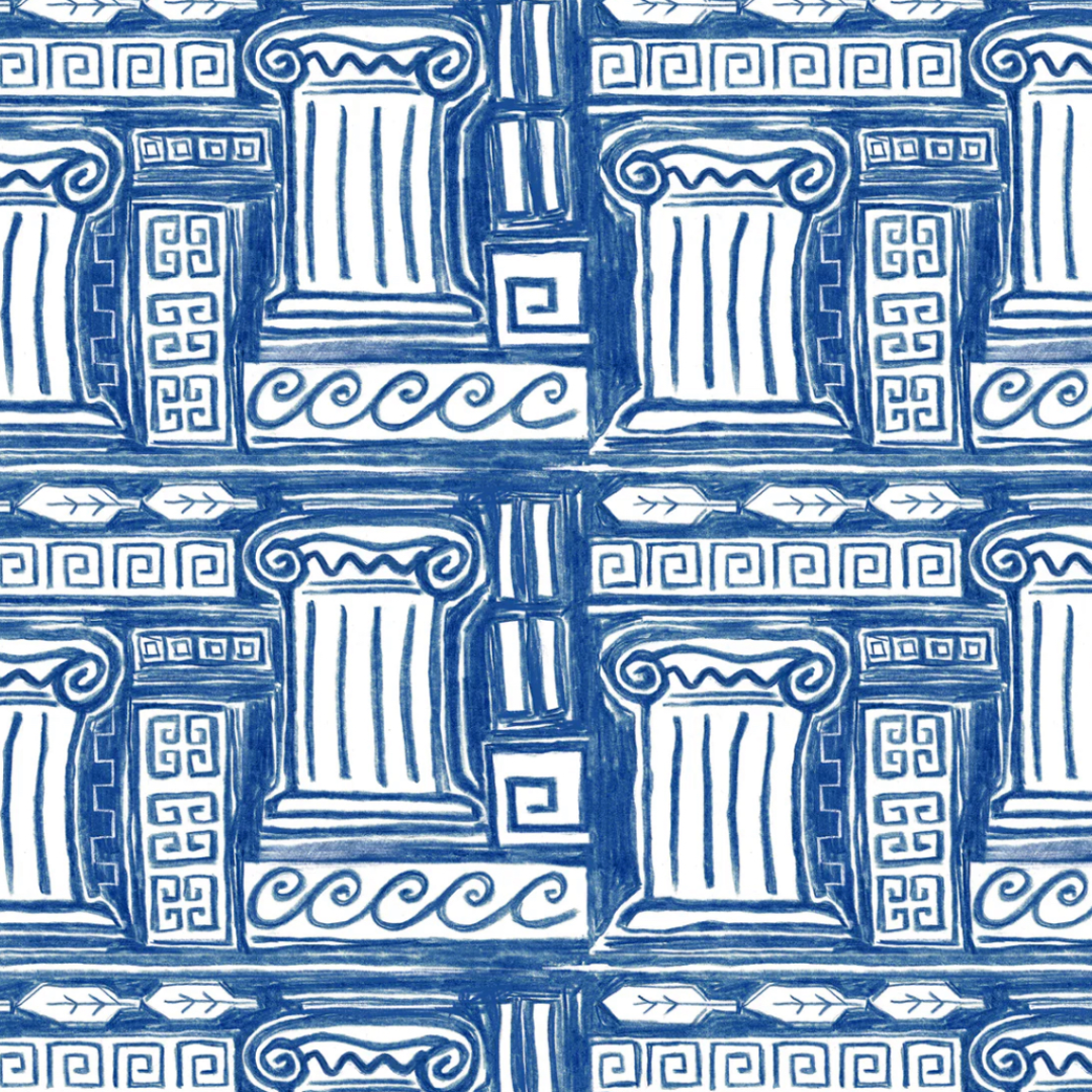 Pattern of classical columns and decorative elements in blue and white.