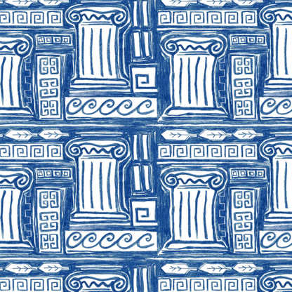Pattern of classical columns and decorative elements in blue and white.