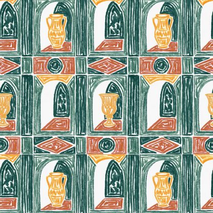 Pattern of decorative urns and arches in green, orange, and red on a white background.