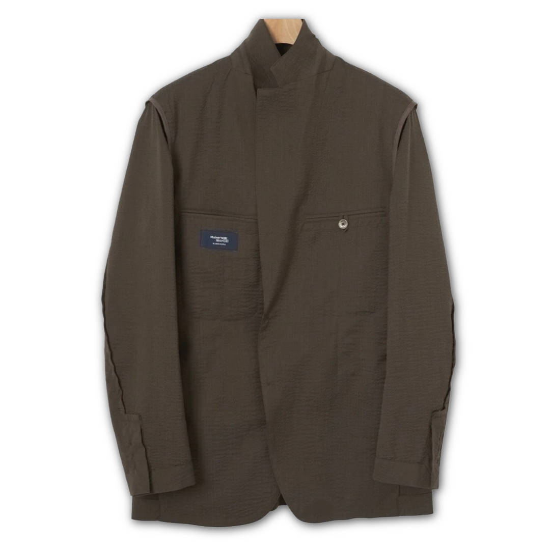 Kamakura brown seersucker jacket featuring a lightweight, textured fabric with a classic collar and button front.