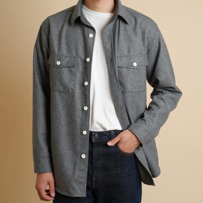Kamakura wool flannel CPO over shirt in grey, showing the button-up front, chest pockets, and soft flannel fabric.