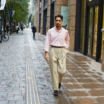 Barnstormer beige double pleat chino trousers with tailored fit and classic style, shown on a flat lay.