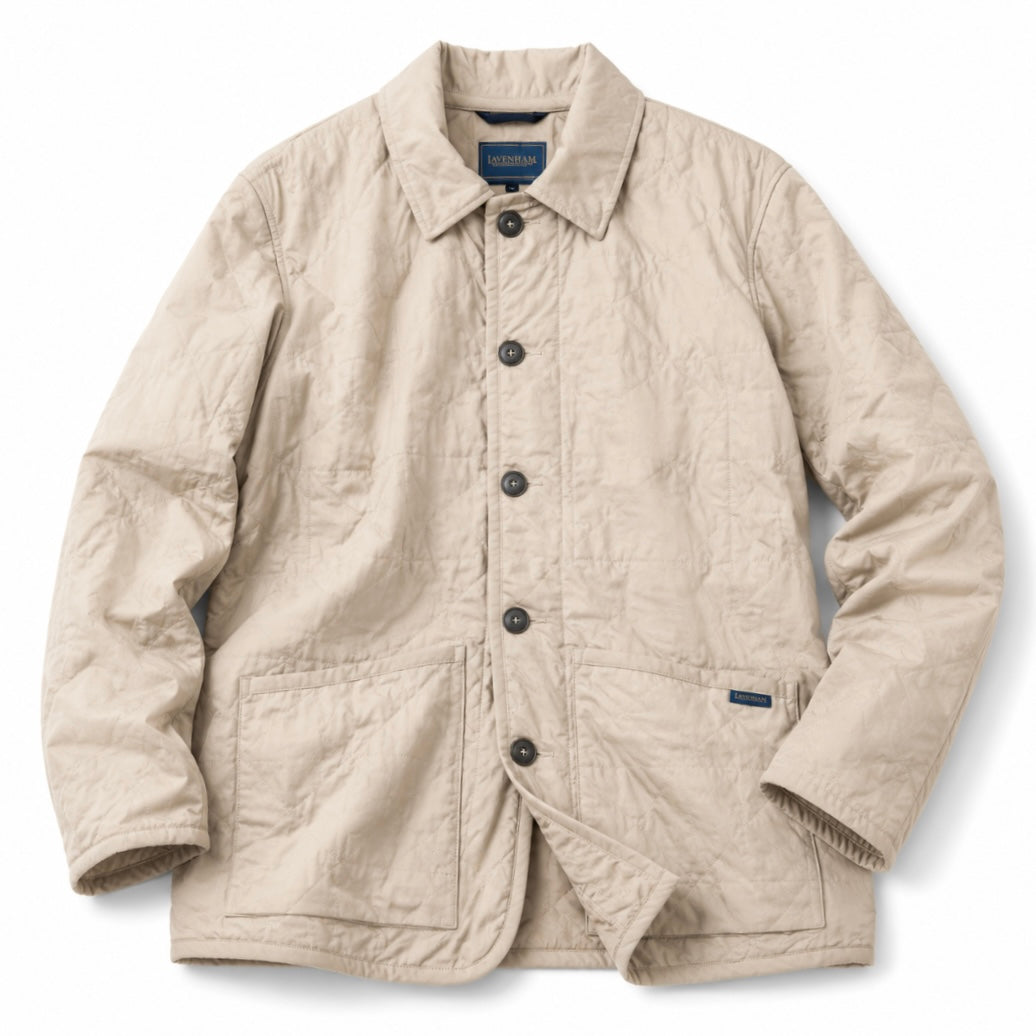 A light beige crinkled cotton utility jacket with a button-up front, collar, and two front patch pockets, laid flat on a white background.