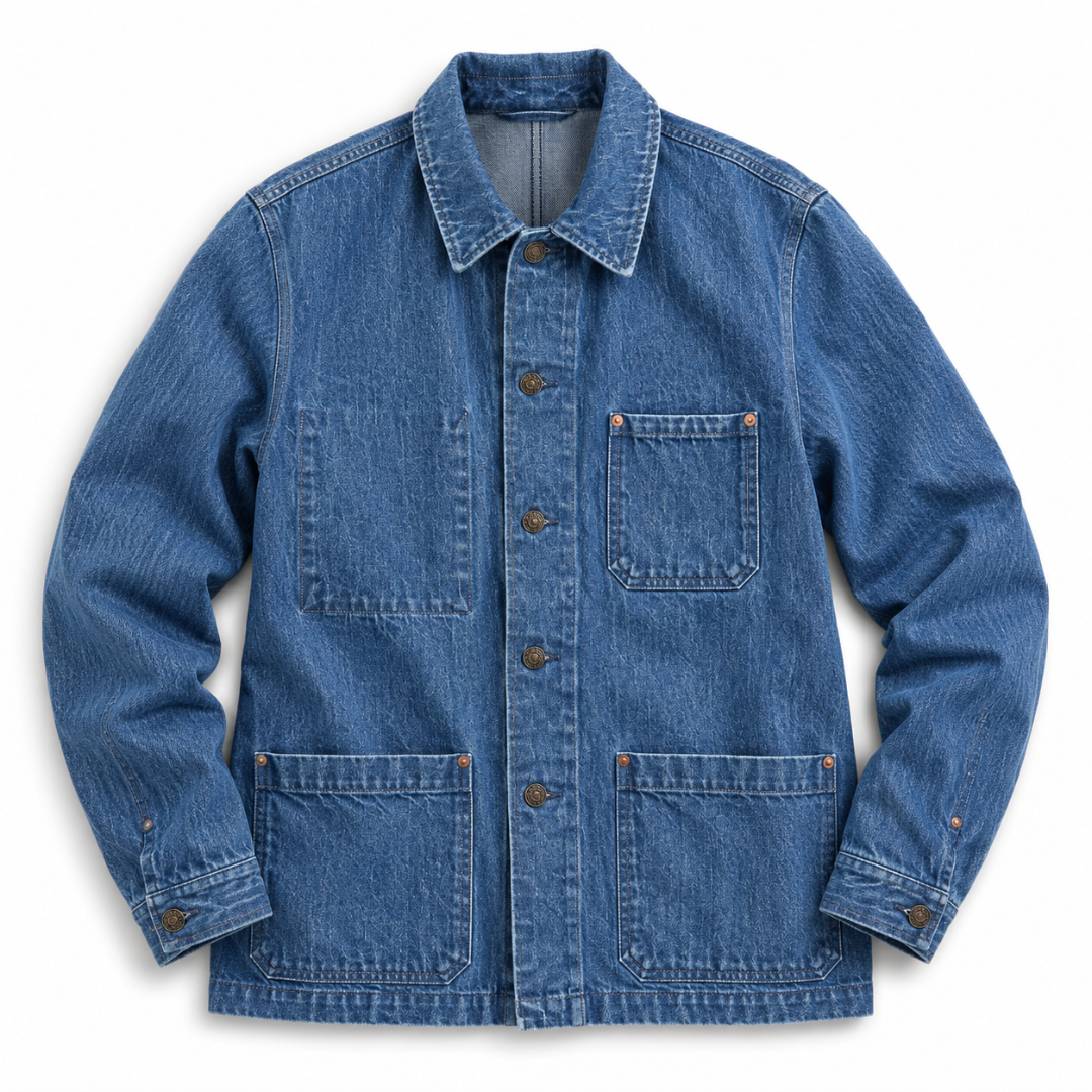 A classic blue denim work jacket with a button-up front, pointed collar, and four front pockets, shown flat on a white background.