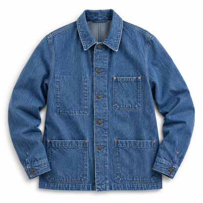 A classic blue denim work jacket with a button-up front, pointed collar, and four front pockets, shown flat on a white background.