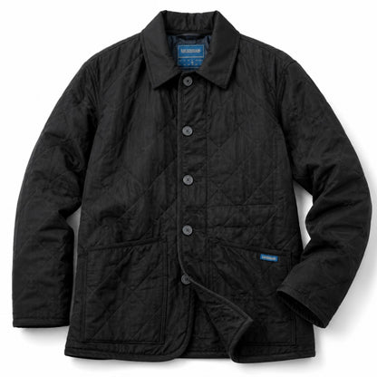 A black quilted jacket with a button-up front, collar, and front pockets, shown on a plain white background.